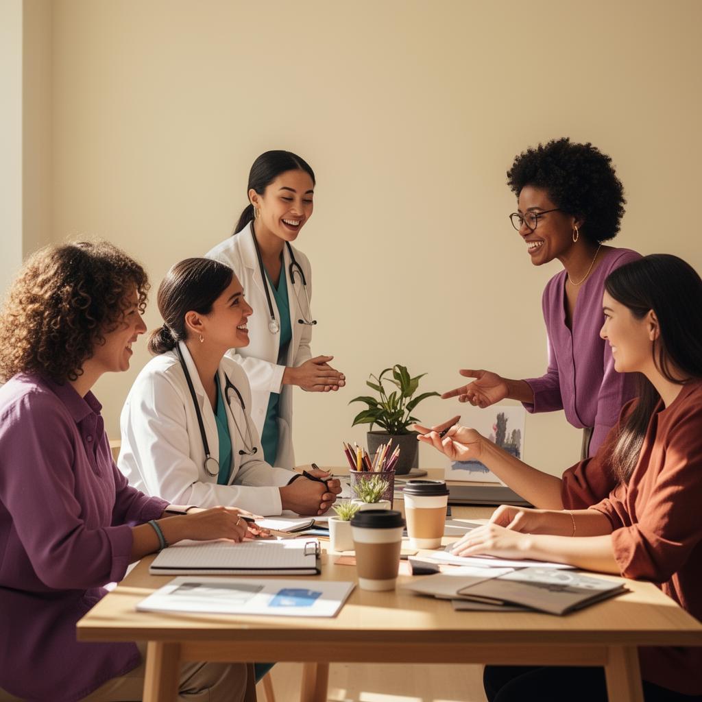 Diverse professionals collaborating in a sunlit workspace