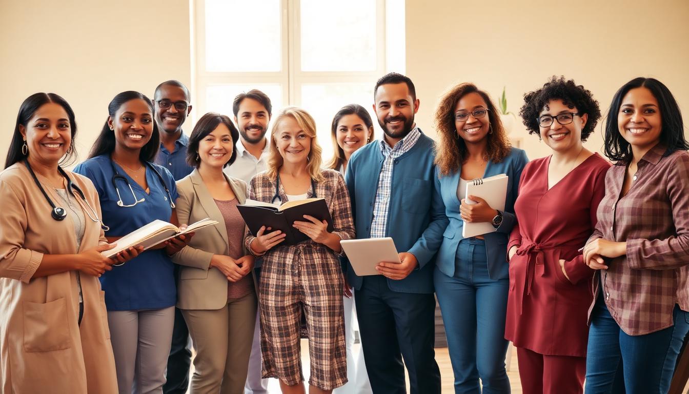 Diverse group of professionals from healthcare, education, arts, and small business