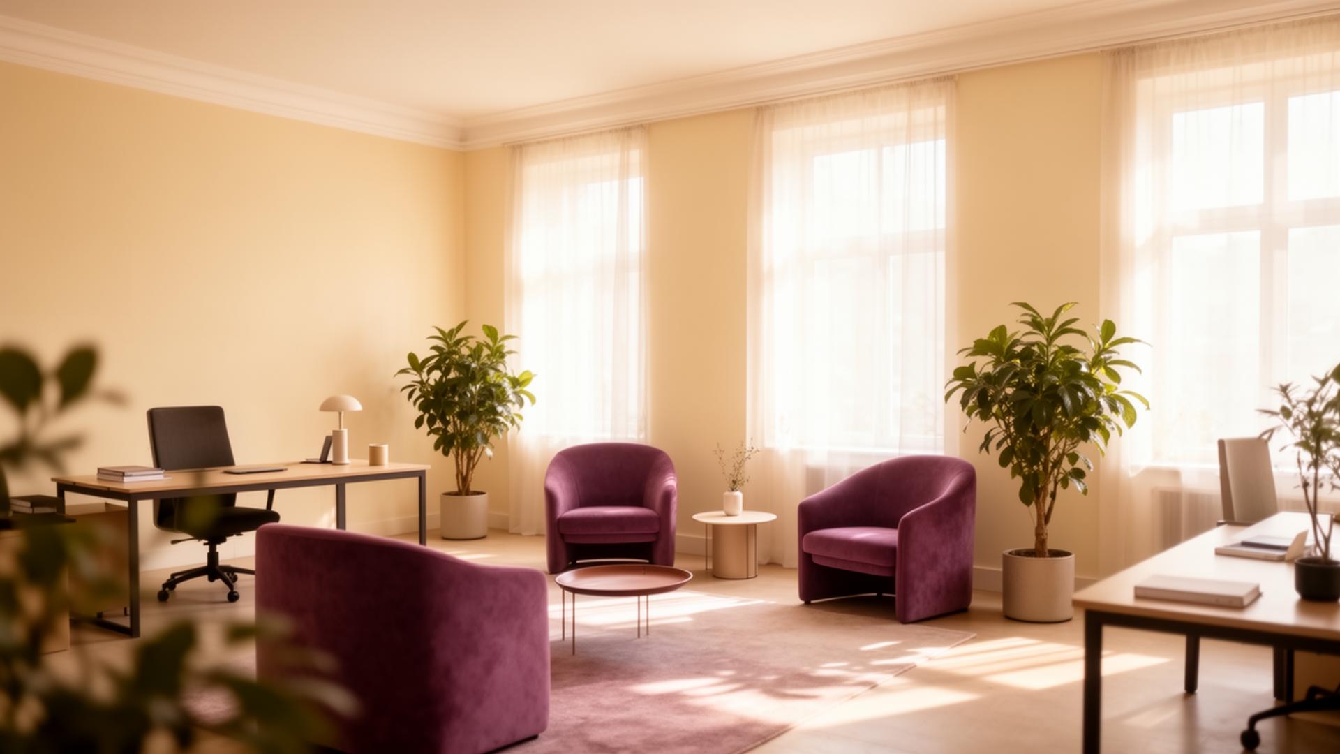 Soft sunlit modern office with mauve accent chairs